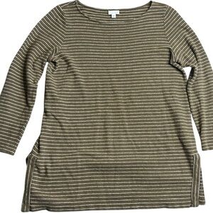 J.Jill Women’s Striped Tunic Top Olive Green White Long‎ Sleeve Soft Knit M